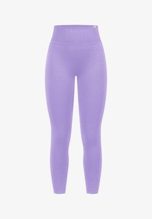 Lila Leggings mit hohem Bund, aus einem glatten, dehnbaren Material gefertigt. Minimalistisches Design ohne sichtbare Muster oder Akzente.