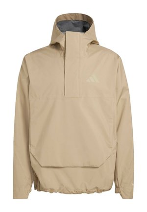 Beige waterdichte pulloverjas met een hoge kraag, een voorzak en elastische manchetten. Voorzien van een subtiel logo op de borst.