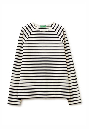 Koszulka z długim rękawem i okrągłym dekoltem z czarno-białymi poziomymi paskami, rękawy raglanowe oraz zielona metka wewnątrz kołnierza.
