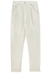 Pantalon taille haute de couleur crème avec plis sur le devant, revers roulés, passants de ceinture et style cinq poches, posé à plat sur un fond blanc.