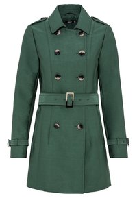 Zielony dwurzędowy płaszcz typu trencz z paskiem w talii, pagonami i czarnymi guzikami; wykonany z gładkiej tkaniny o dopasowanym kroju.