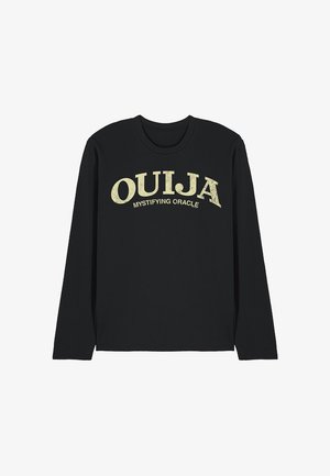 Langärmliges schwarzes T-Shirt aus Baumwolle mit gelber Schrift: "OULJA MYSTIFYING ORACLE" in einem abgenutzten Schriftzug.