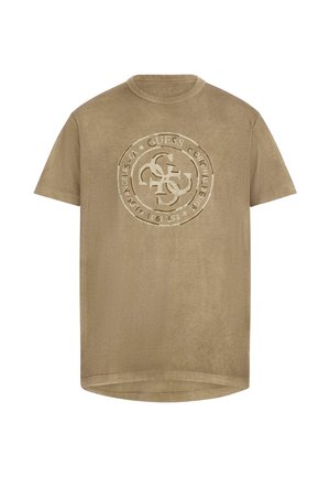 Tricou din bumbac bej cu guler rotund și mâneci scurte. Are un logo texturat, embosat în centru și o margine curbată.