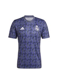 Fialová vzorovaná fotbalová dres s krátkým rukávem, vyrobený z lehkého materiálu. Obsahuje logo Adidas a erb na hrudi.