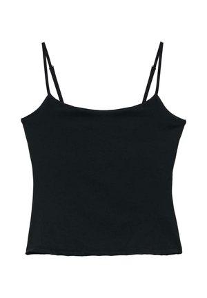 Crop top noir sans manches avec fines bretelles réglables et encolure droite sur fond blanc.