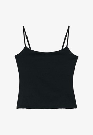 Crop top noir sans manches avec fines bretelles réglables et encolure droite sur fond blanc.