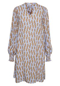 Šaty se vzorem s hexagonálním designem v hnědé a světle modré barvě, s dlouhými rukávy a nařasenými manžetami, s výstřihem do V a volným střihem.