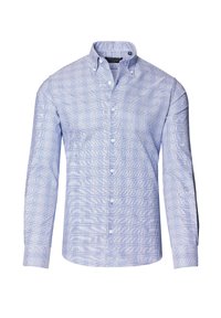 Niebieska i biała koszula z długim rękawem w kratę, z kołnierzykiem zapinanym na guziki, guzikami z przodu i teksturowanym materiałem. Posiada subtelny wzór siatki.