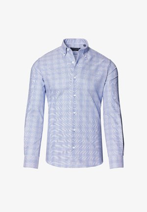 Niebieska i biała koszula z długim rękawem w kratę, z kołnierzykiem zapinanym na guziki, guzikami z przodu i teksturowanym materiałem. Posiada subtelny wzór siatki.