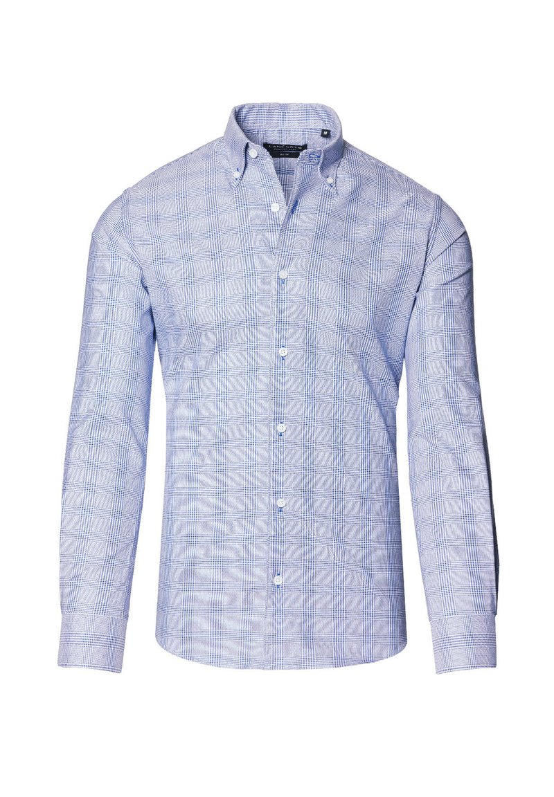 Niebieska i biała koszula z długim rękawem w kratę, z kołnierzykiem zapinanym na guziki, guzikami z przodu i teksturowanym materiałem. Posiada subtelny wzór siatki.