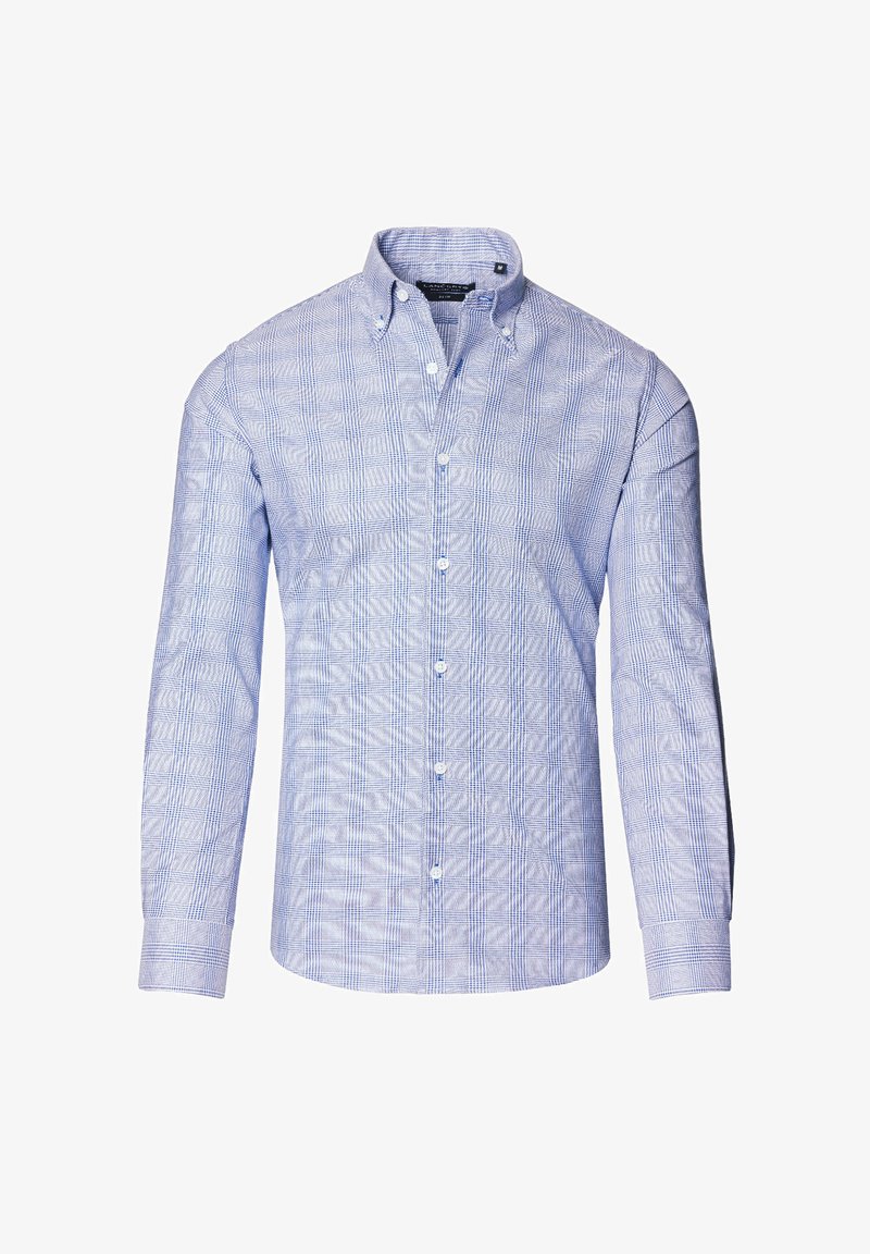 Niebieska i biała koszula z długim rękawem w kratę, z kołnierzykiem zapinanym na guziki, guzikami z przodu i teksturowanym materiałem. Posiada subtelny wzór siatki.