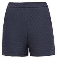 Překládané tmavě modré šortky s diamantovým vzorem, s plochým pasem a rovnými nohavicemi, vyrobené z texturované látky.