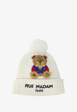 Berretto bianco lavorato a maglia con un'illustrazione testurizzata di un orso e un pompon soffice sulla parte superiore. "RUE MADAM PARIS" ricamato sul polsino.