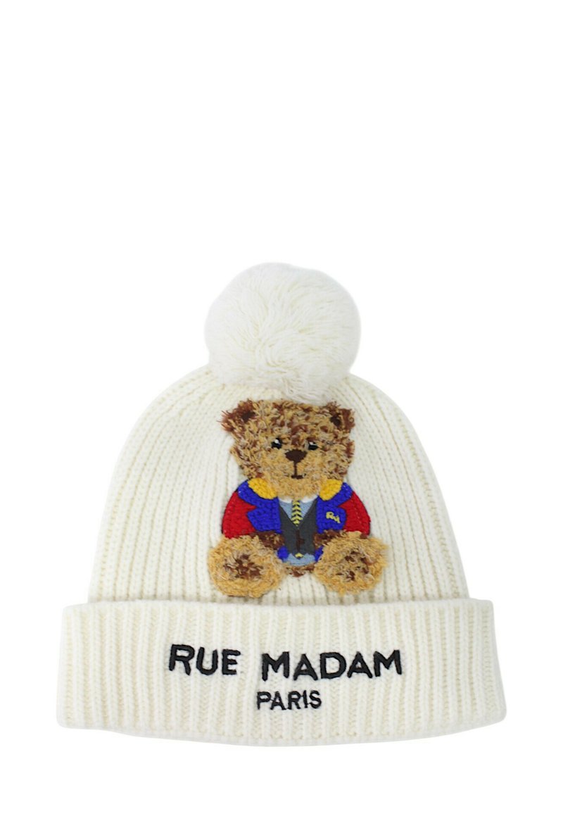 Berretto bianco lavorato a maglia con un'illustrazione testurizzata di un orso e un pompon soffice sulla parte superiore. "RUE MADAM PARIS" ricamato sul polsino.