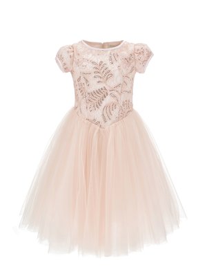 Rochie roz deschis pentru fete, cu mâneci scurte, corset din dantelă cu paiete și fustă voluminoasă din tul, potrivită pentru ocazii formale.