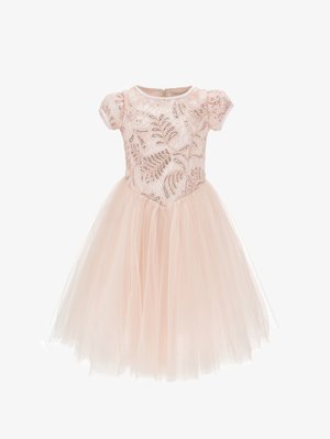 Jasnoróżowa sukienka dziewczęca z krótkimi rękawami, cekinowym koronkowym górnym elementem i obszerną spódnicą z tiulu, odpowiednia na oficjalne okazje.