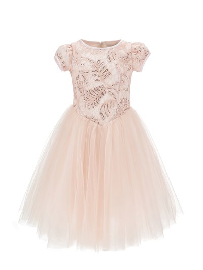 Φόρεμα για κορίτσι απαλό ροζ με κοντά μανίκια, κορσέ με παγιέτες και δαντέλα, φουσκωτή φούστα από τούλι, κατάλληλο για επίσημες περιστάσεις.