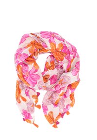 Sciarpa leggera con un design floreale in tonalità di rosa e arancione su uno sfondo crema, con dettagli a nappina alle estremità.