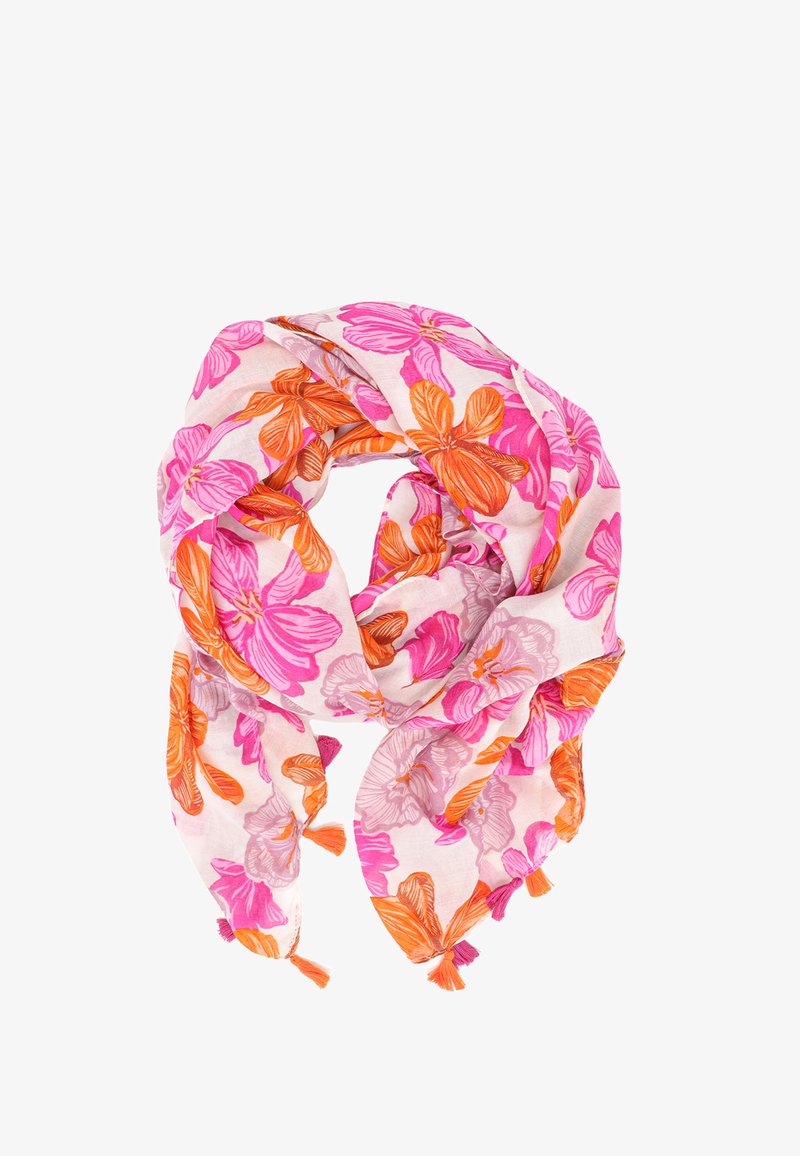 Sciarpa leggera con un design floreale in tonalità di rosa e arancione su uno sfondo crema, con dettagli a nappina alle estremità.