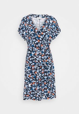 Blaues Blumenkleid mit kurzen Ärmeln, V-Ausschnitt und tailliertem Schnitt, verziert mit orangenen und hellblauen Blumen.