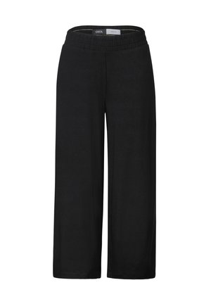 Pantalon large noir avec une taille élastique, fabriqué en tissu doux, avec une texture lisse et une coupe ample et décontractée.
