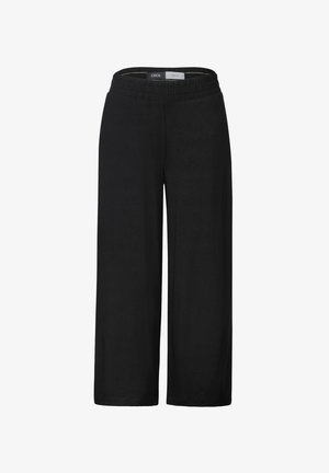 Schwarze weit geschnittene Hose mit elastischem Bund, aus weichem Stoff gefertigt, mit einer glatten Textur und einem lockeren, entspannten Sitz.