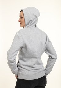 Szara bluza z kapturem o luźnym kroju, wykonana z miękkiego materiału, z kieszenią typu kangur i ściągaczami na mankietach. Wyświetlony widok z tyłu.