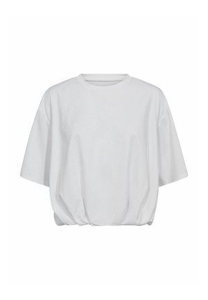 Weißes, locker sitzendes Baumwoll-T-Shirt mit rundem Halsausschnitt, kurzen Ärmeln und gerafftem Saum. Glatte Textur, schlichtes Design und ohne Muster.