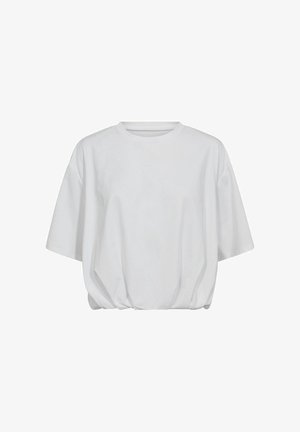 Weißes, locker sitzendes Baumwoll-T-Shirt mit rundem Halsausschnitt, kurzen Ärmeln und gerafftem Saum. Glatte Textur, schlichtes Design und ohne Muster.