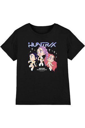 Black t-shirt with three animated female characters in white outfits, purple and red hair, "HUNTR/X" text above and "KPOP DEMON HUNTERS" below.