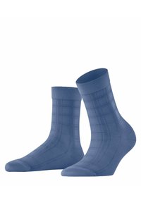 Blaue Socken mit einem Karomuster, aus einem glatten Material mit einem gerippten Bündchen und einem strukturierten Design für Komfort und Passform.