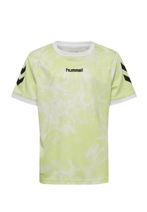 Kortærmet sportstrøje i lys gul med hvide abstrakte mønstre, hvid krave og manchetter, sort hummel-logo på brystet, sorte chevrons på ærmerne.