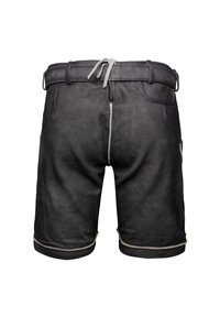 Black leather shorts with a smooth texture, featuring a drawstring and contrasting light-colored stitching along the hems and pockets.