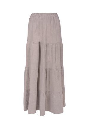 Hellbeiger Stufen-Maxirock mit gerafften Bereichen und elastischem Bund, aus strukturiertem, leichtem Stoff gefertigt.