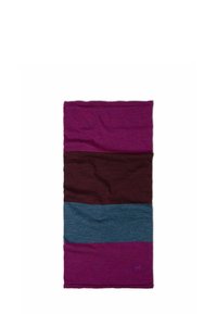 Wool scarf featuring horizontal stripes in dark purple, burgundy, and teal, with a textured finish and a small branded tag.