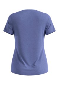 Short-sleeve T-shirt in blue cotton blend, featuring a round neck, smooth texture, and subtle stitching details at shoulders and hem.