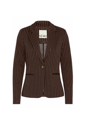 Brown pinstriped blazer with a single button, notched lapels, and two front pockets. Made from lightweight fabric with a smooth texture.