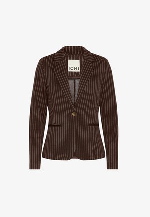 Brauner Blazer mit feinen Streifen, einem einzigen Knopf, Schößchen und zwei vorderen Taschen. Hergestellt aus leichtem Stoff mit glatter Textur.