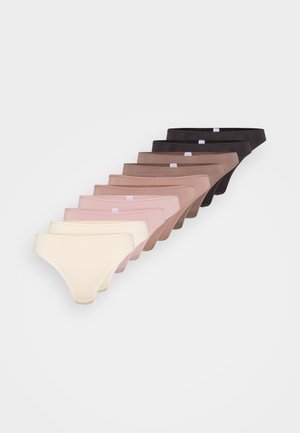 Set von minimalistischen String-Unterhosen in verschiedenen Farbtönen: beige, hellrosa, dunkelrosa, braun und schwarz. Weicher Stoff mit elastischen Taillenbündchen.