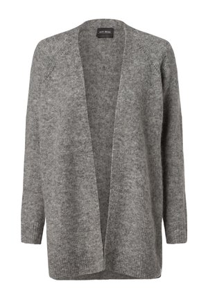 Grau gestrickte Strickjacke mit lockerer Passform, offenem Vorderteil und langen Ärmeln. Weicher Stoff mit einem dezenten Muster. Keine sichtbaren Knöpfe oder Verschlüsse.