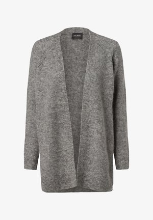 Cardigan grigio a maglia con vestibilità ampia, apertura frontale e maniche lunghe. Texture morbida con un motivo sottile. Nessun bottone o chiusura visibile.