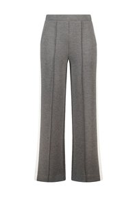 Grijze wijdvallende broek gemaakt van zachte stof, met zijwitte strepen, voorplooien en een elastische tailleband voor comfort.