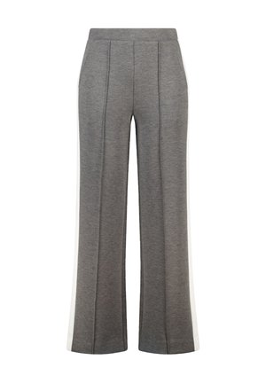 Grijze wijdvallende broek gemaakt van zachte stof, met zijwitte strepen, voorplooien en een elastische tailleband voor comfort.