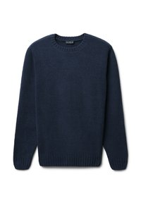 Maglione blu navy realizzato in tessuto morbido e testurizzato. Presenta un collo rotondo, polsini a coste e orlo. Design semplice senza motivi né accenti.