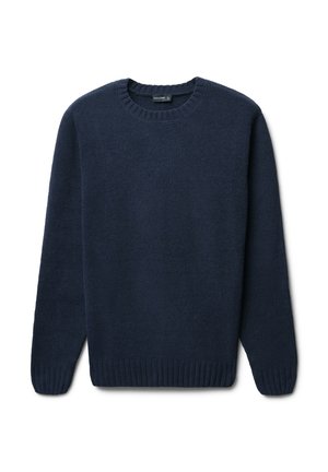 Maglione blu navy realizzato in tessuto morbido e testurizzato. Presenta un collo rotondo, polsini a coste e orlo. Design semplice senza motivi né accenti.