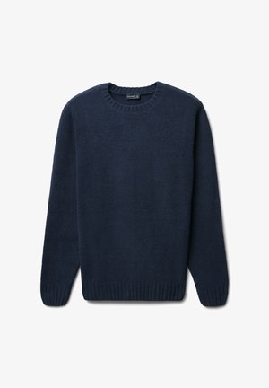 Marineblauer Pullover aus weichem, strukturiertem Material. Verfügt über einen runden Ausschnitt, gerippte Ärmelbündchen und Saum. Einfaches Design ohne Muster oder Akzente.