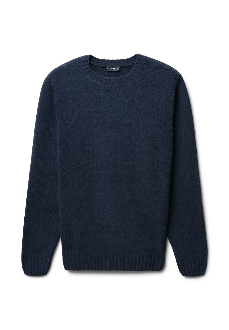 Maglione blu navy realizzato in tessuto morbido e testurizzato. Presenta un collo rotondo, polsini a coste e orlo. Design semplice senza motivi né accenti.