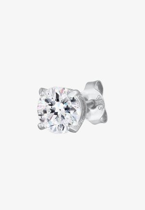 Boucle d'oreille en argent avec une grande pierre ronde en zircon cubique clair maintenue par quatre griffes. Comprend un dos lisse et poli.
