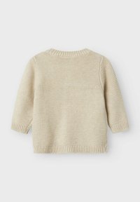 Maglione beige lavorato a maglia con un motivo testurizzato, scollatura rotonda e maniche a tre quarti con polsini. Materiale morbido e vestibilità comoda.