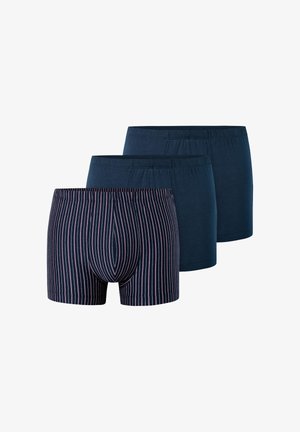 Set di tre boxer da uomo. Uno presenta strisce blu navy e rosa; gli altri due sono di un blu navy uniforme. Realizzati in morbido cotone elasticizzato.